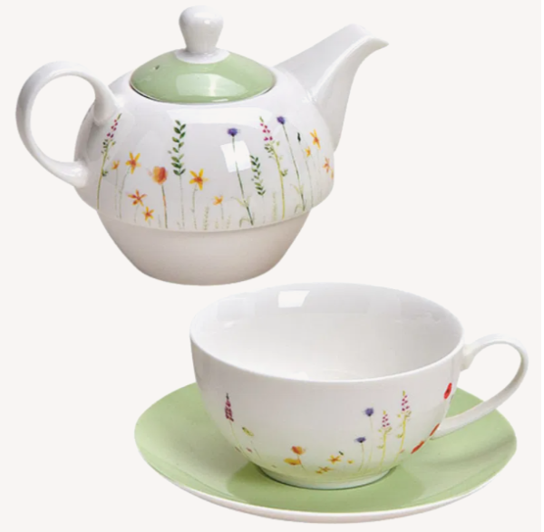 Théière décorée de fleurs en porcelaine blanche, Set de 3, (L/H/P) 16x15x15cm 450ml, Tasse, 200ml