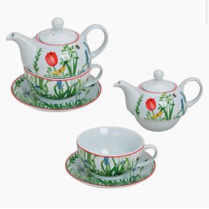 Set théière avec tasse+assiette (fleurs) en porcelaine H/L/P 15/16/15 cm
