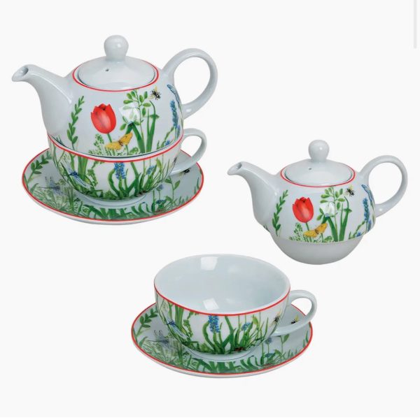 Set théière avec tasse+assiette (fleurs) en porcelaine H/L/P 15/16/15 cm
