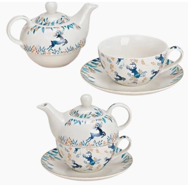 Théière décor cerf en porcelaine bleue, or, set de 3, (L/H/P) 17x14x17cm 400/250ml